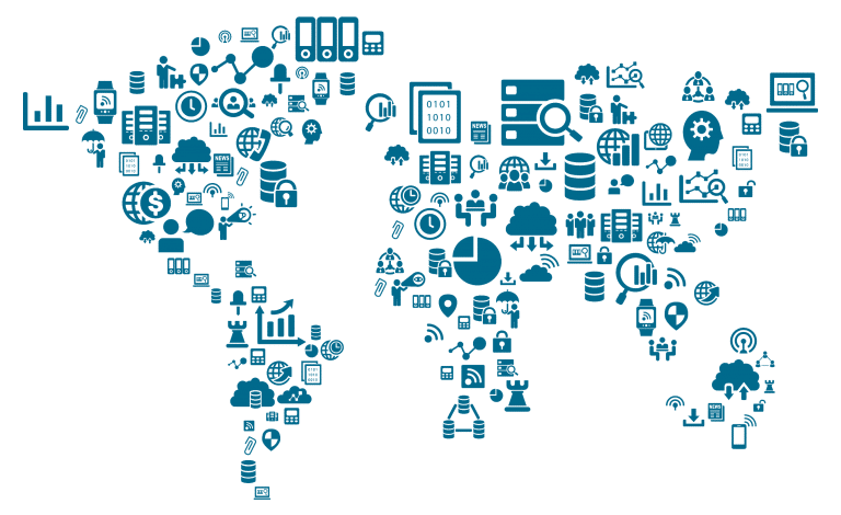 graphic of map of the world made from technology symbols and icons