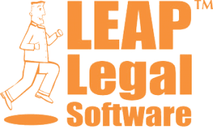 Full height logo for LEAP legal software package with man running and the words LEAP Legal Software