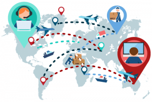 graphic showing world map with travel  and technology icons and dotted lines connecting places