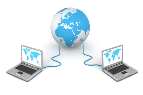 graphic of two laptops connected to a globe of the world by cables